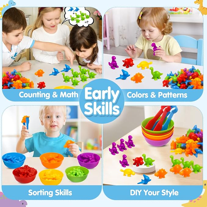 GKDOMS Counting Dinosaurs Toys Matching Game with Sorting Bowls Preschool Learning Activities Montessori Sensory Toys for Math Color Sorting, Party Favors Birthday Gift for Toddlers