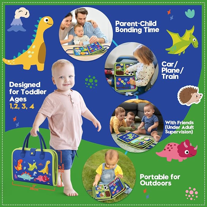 Toddler Sensory Busy Board: Travel Toy Activity Book for Girls Boys, Motor Skill Development Gift for Baby Aged 3-4 Years, Fine Educational Preschool Montessori Learning Toy for Car Airplane Dinosaur