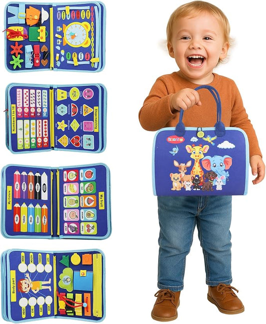 URBAN TOYS Toddler Busy Board for Kids Ages 3+, Montessori Busy Book, Sensory Learning Toy for Fine Motor Skills, Toddler Travel Essential for Airplane & Car, Gift for Boys & Girls