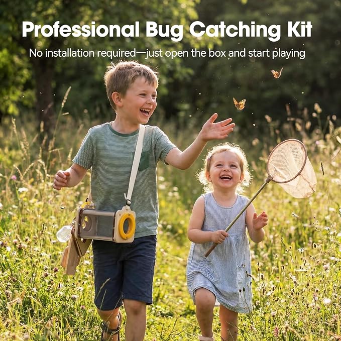Wooden Bug Catcher Kit for Kids 3-8, 10PCS Durable Outdoor Explorer Kit with Magnifying Glass, Butterfly Net & STEM Guide, Catch & Release Adventure Set for Backyard & Camping