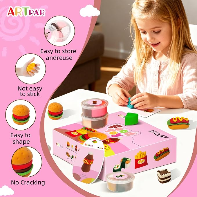 ARTPAR Air Dry Clay for Kids,12 Mini Food Modeling Magic Clay Sculpting Kit | Safe Non-Sticky,Ultra Light & Soft,Arts & Crafts Fun Playset Kitchen Toys,Home Party Favors for Boys Girls 3+ Years