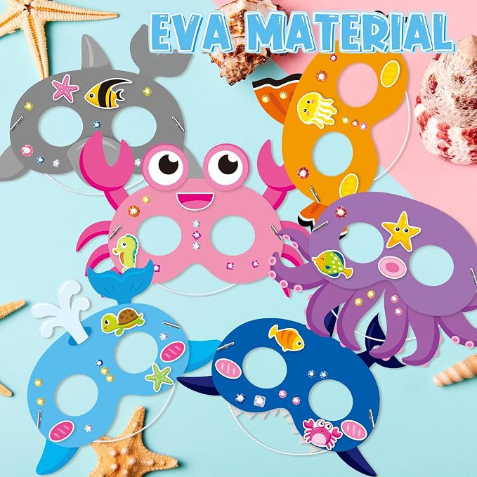 WATINC Ocean Animals Mask Craft - 24pcs Make Your Own Sea World Animal Foam Mask Kit for Kid, Under the Sea DIY Set with Diamond Stickers for Dress Up Party Favor Art Project Family Classroom Activity