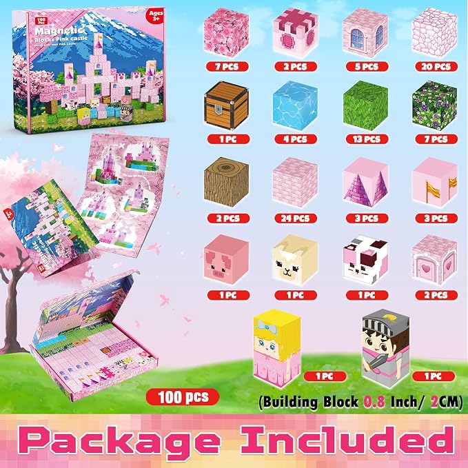 Magnetic Blocks - 100PCS Pink Princess Castle Magnetic Building Blocks, 3D Magnet Cubes for Girls, STEM Construction Toy for Kids Ages 3-12, Princess Toys for Kids Birthday Gifts