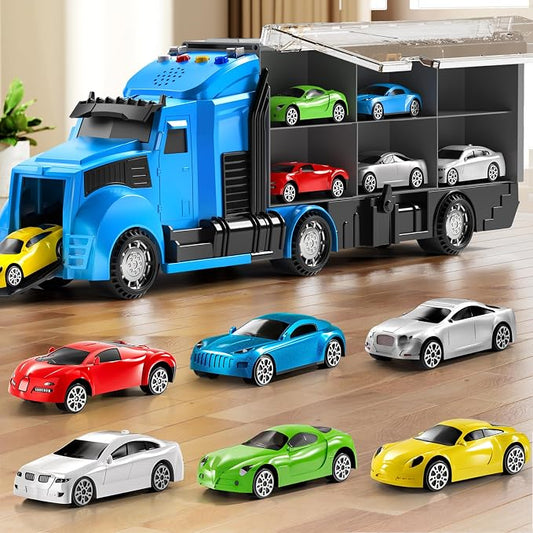 NIPLOOOW Racing Trucks Toy Set with Play Mat, Carrier Truck Play Vehicles Set for 3 4 5 6 Years Old Boys Kids, Die-Cast Car Toy for Toddlers 3-4 Years, Birthday Gifts Toys for 3-9 Year Old Boys