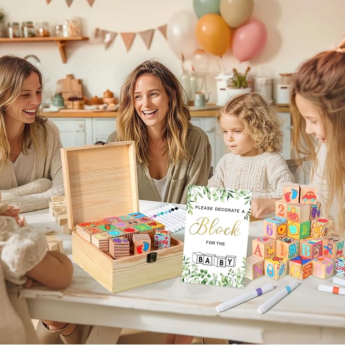 Baby Shower Blocks Game Set with Wooden Box, Acrylic Markers & Wooden Sign for Baby Shower Games, Gender Reveal & Decorations (GreenLeaves)