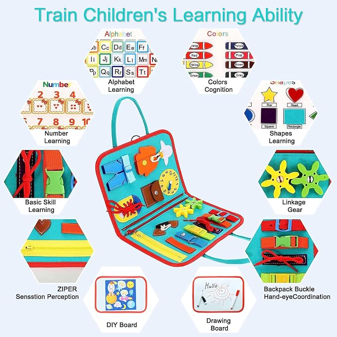 Montessori Busy Board Sensory Toddler Activity Book (Green) | Toddla Learning Quiet Book for Boys & Girls Ages 1-3, Ideal Birthday & Christmas Gift for 1+ Year Old
