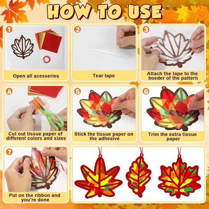 Qyeahkj 36 Set Fall Maple Leaves Suncatchers Crafts for DIY Autumn Window Tissue Paper Crafts Kit Thanksgiving Maple Hanging Decor for Fall Home Activity Art Project Birthday Party Favor Gift