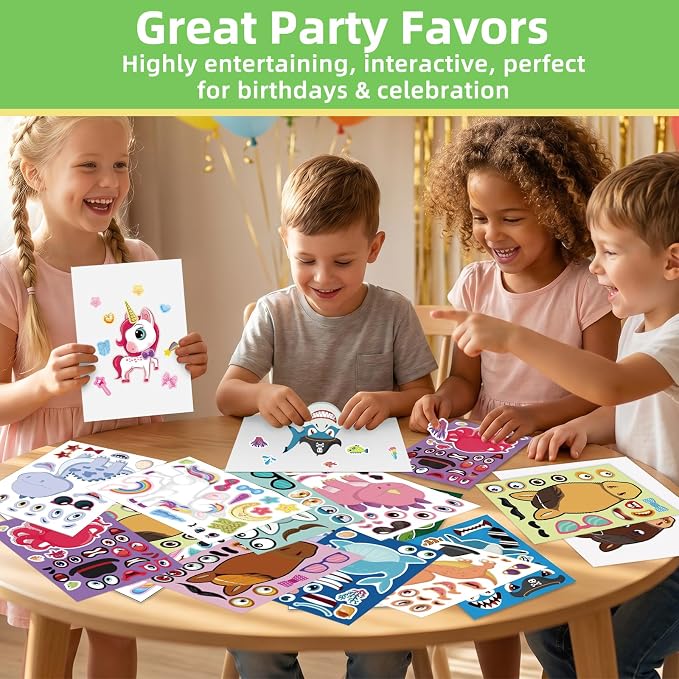 24 Sheets Make a Face Stickers for Kids Toddlers Party Favors Crafts | Make Your Own Animal Stickers with Unicorns Dinosaur Horse Sea Animals, Kids Activities Goodie Bags Stuffers, 8.3 x 5.9 Inch