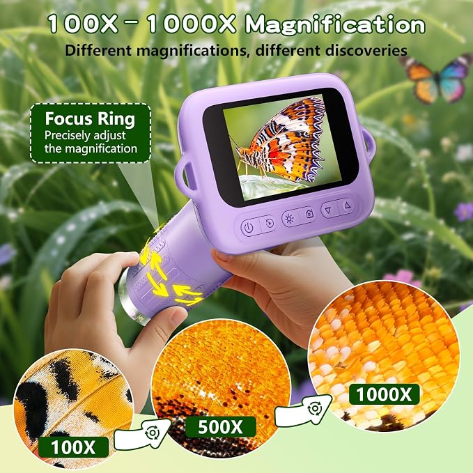 Odatay 1000X Digital Kids Microscope Kit with 12 Slides & 2" Screen, Purple | 1080P Imaging, Fit Ages 3-12, Standalone Pocket Science Edu Toys Gifts, Outdoor Backyard Bugs Exploring, Anti-drop Lanyard