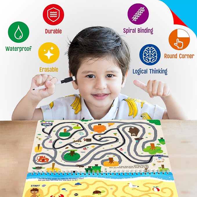 SpriteGru Dry Erase Mazes Game Pad, 30 Mazes Reusable & Erasable Book, Fun Brain Challenge Games Interesting Educational Toy and Learning Tool for Road Trip Airplane Travel
