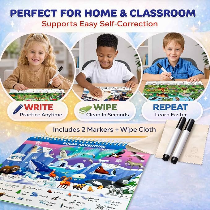 Busy Book for Toddlers 3-5 - Reusable Dry Erase Workbooks for Kids 4-6 | Wildlife Search and Find Activity Book with Markers - Workbook for Travel and Quiet Time Learning