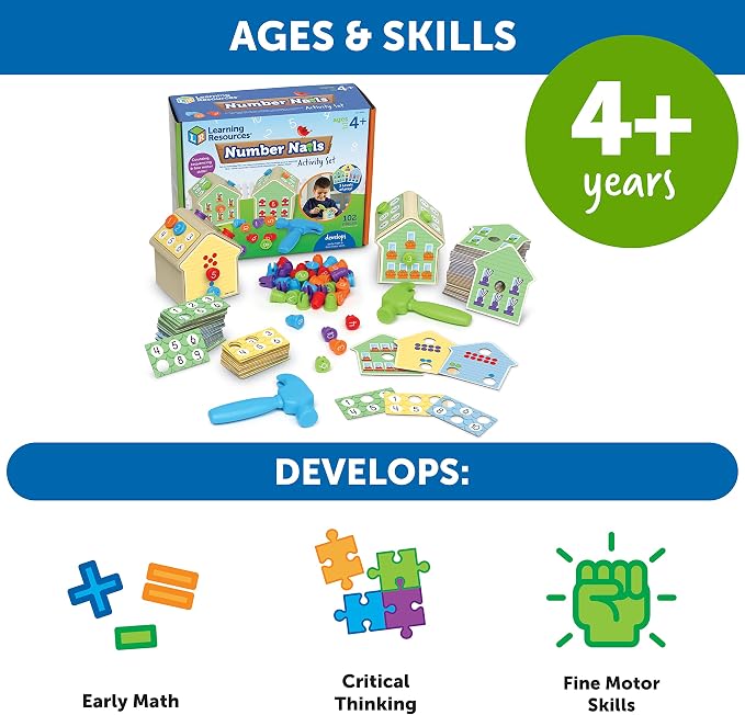 Learning Resources Number Nails Activity Set - Math Manipulatives for Preschoolers Games, Counting Hammer Toy, STEM Fine Motor Skills, Kindergarten Educational Activities, Gifts for Boys and Girls | Math Manipulatives for Preschoolers, Fine Motor Skill...
