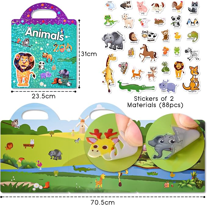 ASTARON Reusable Puffy Sticker Book,Animals Jelly Stickers Educational Toy | 88 pcs Reusable Sticker,Waterproof Jelly Stickers, Portable Travel Toys,Educational Sensory Learning Toy,Gift for Boy Girl