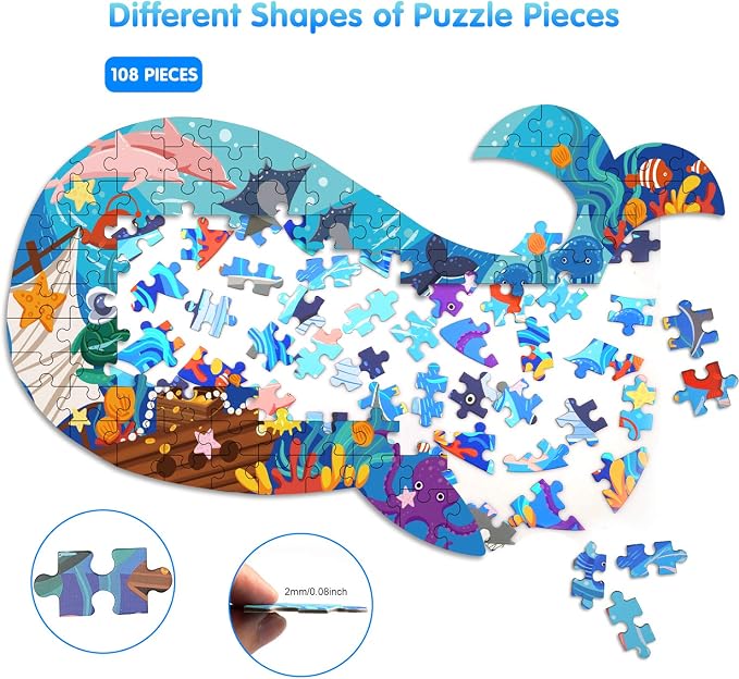 Jigsaw Puzzles for Kids Ages 4-8, 108 Pcs Whale Shaped Cardboard Puzzles | Sturdy Floor Puzzles Box and Poster for Animal Lovers, Educational Toys Gift for Boys Girls, 23.38 x 14.72 Inch