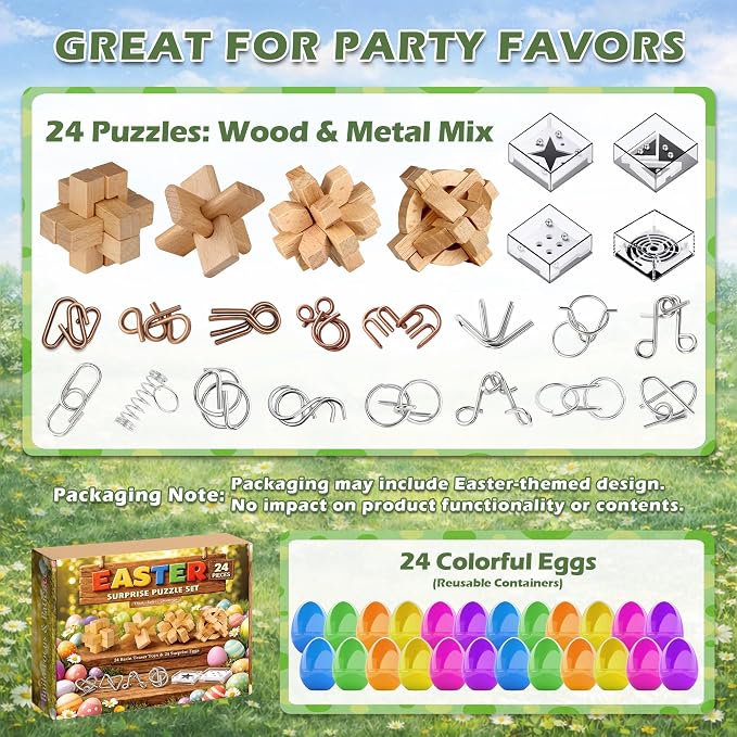 24 Pack Brain Teaser Puzzle Educational Toys for Kids & Adults | Metal & Wooden Puzzles with Balance Challenges, IQ Logic Games and Mind Teaser Toys for Teens Boys Girls
