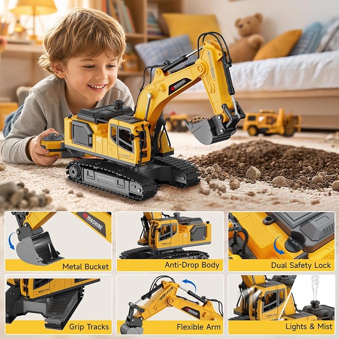 Remote Control Excavator Toy for Boys, 3-in-1 RC Excavator with Alloy Bucket, Breaker & Grapple, Construction Vehicle Toys with Lights & Sounds, 2×1200mAh Batteries, Birthday Gift for Kids 3-12