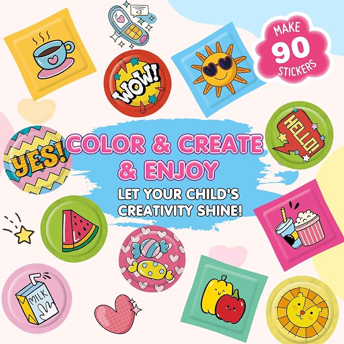 Puffy Sticker Maker Machine for Kids Ages 6-10, 90-Piece 3D Craft Kit | Make Your Own Puffy 3D Stickers in 3 Easy Steps—90 Designs, Unicorn Press Machine, Screen-Free Craft Kit for Boys & Girls