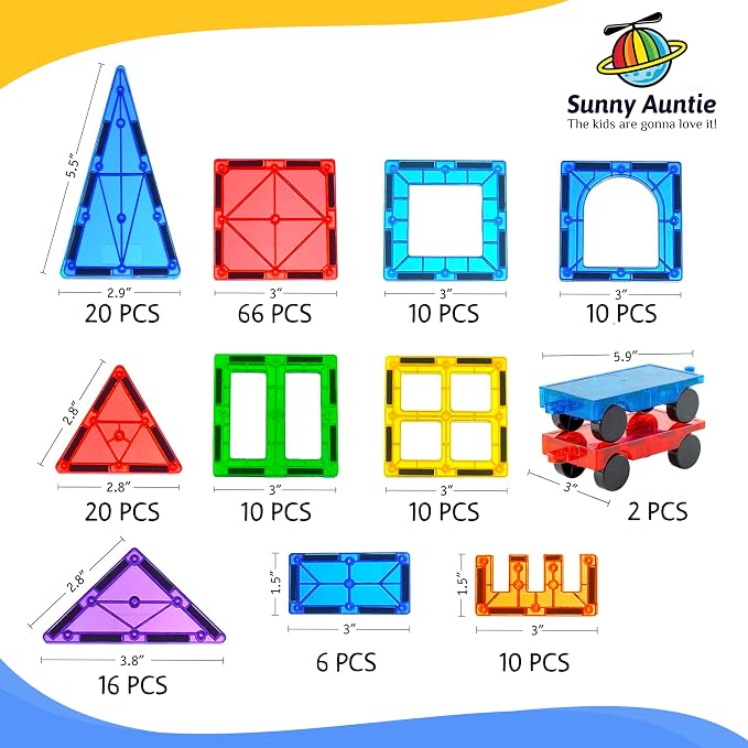 SUNNY AUNTIE Magnetic Tiles STEM Toys Building Set, Ages 3+ - 180 Pieces | Magnetic Tiles Building Toys, STEM Toys, Magnetic Blocks Construction Set, with 2 Cars & Guide Booklet for Kids Ages 3+