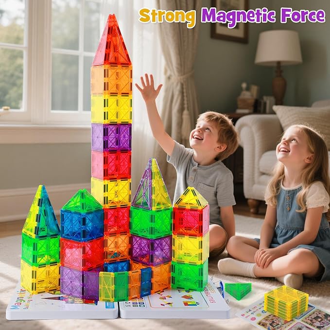 Premium Magnetic Tiles 100pcs: Durable STEM Building Blocks Kids 3-8 | Iron case with handle, lid as play base. 7.5cm tiles, sealed, ASTM & CPSIA safe. Montessori STEM for preschool. Gift 3-8