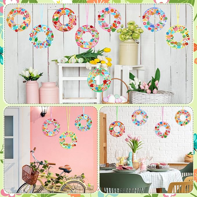Hollowfly 48 Sets Spring Wreath Craft Kits, 8 Designs | Flower, Bee, Butterfly and Tulip Stickers, 5.9 in Cardboard Wreaths for Group Activities and Party Favors