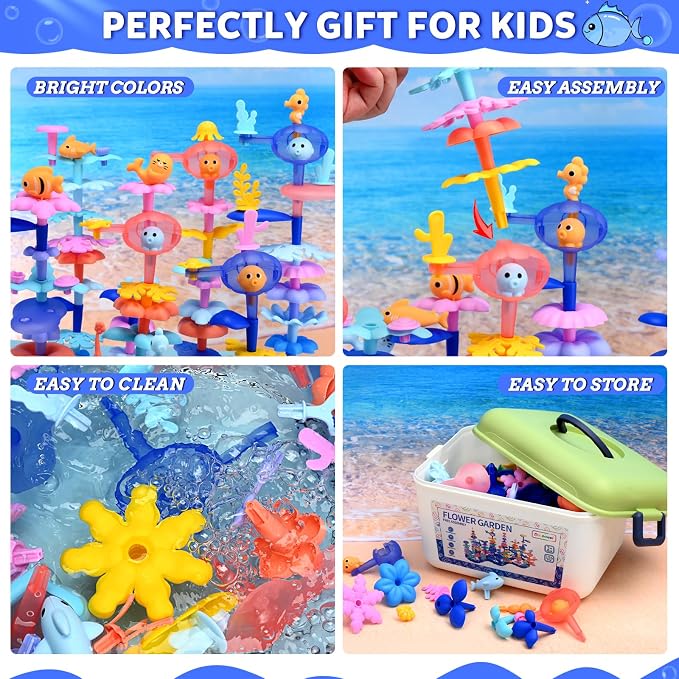 Doloowee 156Pcs Marine Coral Flower Garden Building Toys for Girls Age 3-8 | 156pcs BPA-free marine coral & ower garden building toys in a storage box. Screen-free STEM gift for girls ages 3-8.