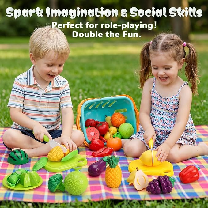 SOCBTNSO Pretend Play Food Set with Felt Tree Mat & Storage Basket for Kids | Kitchen Accessories Toys|Fruit and Veggie Sensory Toy|Montessori Color Sorting|Gift for Toddlers 3 4 5 6 Year Old|Boys Girls