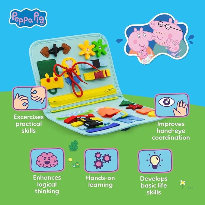 Official Evie Busy Board for Toddlers 3-5 - Montessori Busy Book - Peppa Pig Baby Sister, Sensory Travel Toy for Airplane & Car, Preschool Learning Fine Motor Skills, Birthday Gift for Boys & Girls