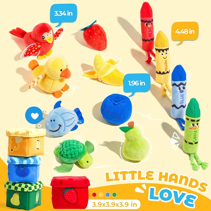 JoyCat Montessori Baby Toys 6-12 Months, 12PCS Sensory Sorting Boxes | Soft boxes with animal, fruit and crayon plush pieces for color sorting, in/out play, textures and little-hand practice
