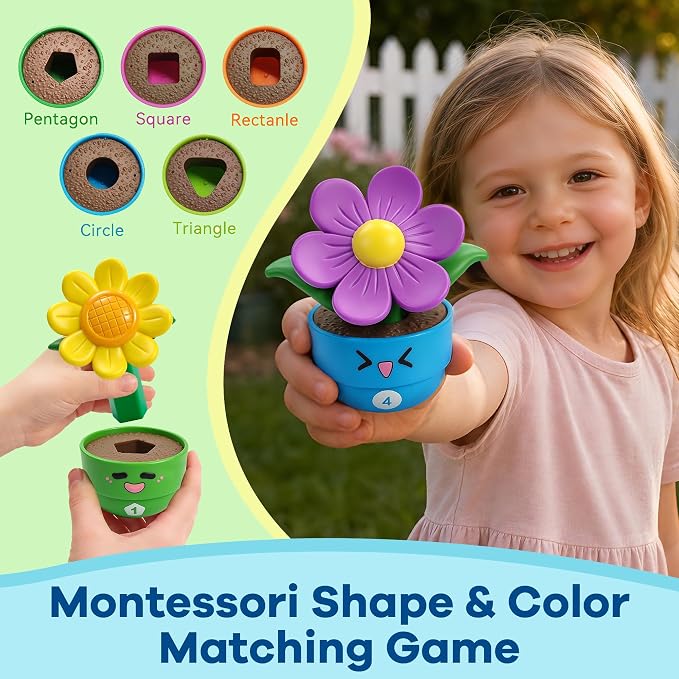 GEERAY 5 Sets Montessori Toddler Flower Garden Toys, Color Shape Sorting & Matching Game for Kids, Spring Toy Sensory Gardening Gift for 1 2 3 Year Old Girls & Boys, Preschool Classroom Learning