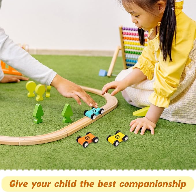 Zhanmai 4 Pieces Wooden Mini Car Ramp Race Track Toys for Aged 1 2 3, Race Party Present Wooden Car Ramp Mini Racer Play Set Replacement