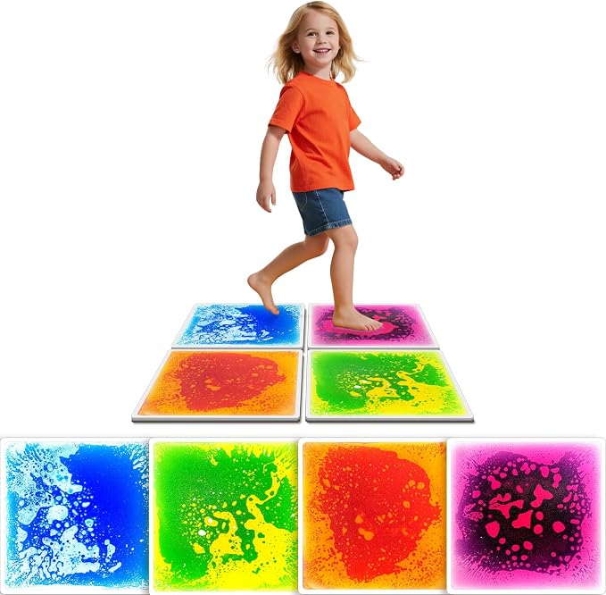 Liquid Sensory Floor Tiles for Kids, 12" Step-On Mats, 4 Pack | Interactive Color-Flow Lava Tiles for Visual Tracking, Calm Corners, Autism Sensory Play, Classrooms, and Stepping Games