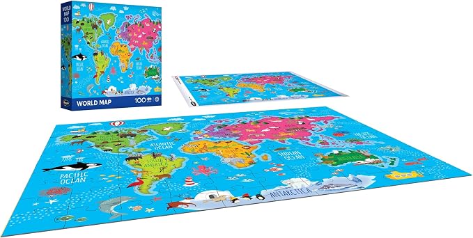 RoseArt Map of The World Puzzle for Kids - 100 Piece Jigsaw Puzzle, 18" x 24" - Educational, Colorful World Map with Animals, Oceans - Made in USA - Learning Toy for Ages 6+
