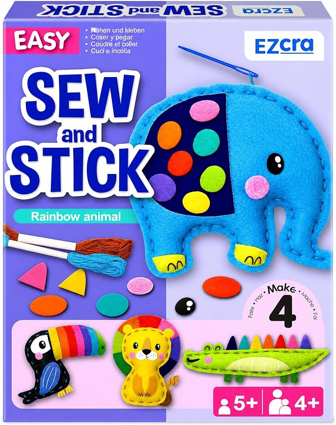 EZCRA Safari Animal Sewing Kit for Kids Ages 4-8 - 4 Felt Projects | Beginner Sewing Craft Kit for Boys and Girls. DIY Arts and Crafts Projects. No Mess Gift for Boys and Girls.