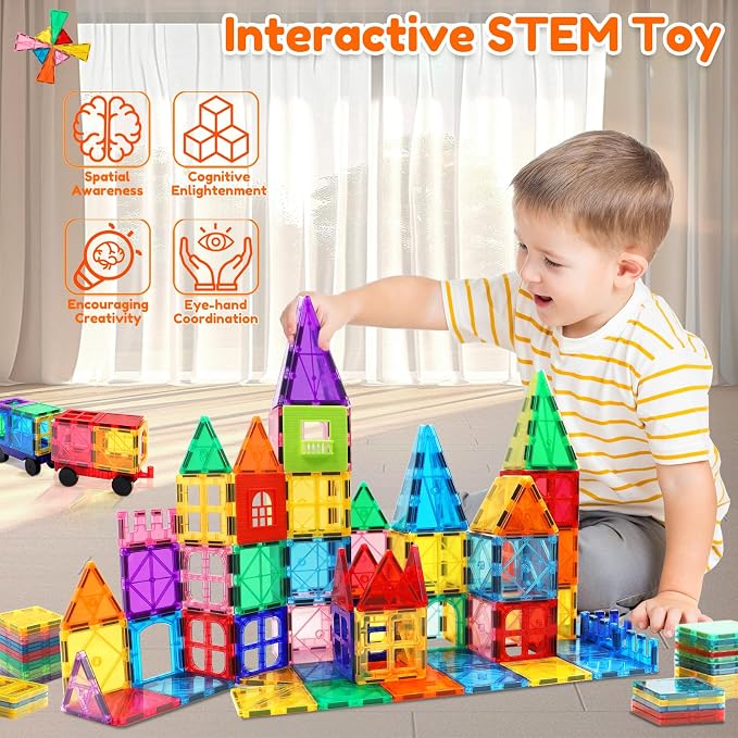 100pcs Magnetic Tiles for Kid Age 3+ Magnetic Blocks Toddlers Toys | Sensory Toy 4 5 6 7 Year Old Boys Girls, Educational Magnet Building Block Christmas Birthday Gift Toys for Kids Ages 4-8 3-5
