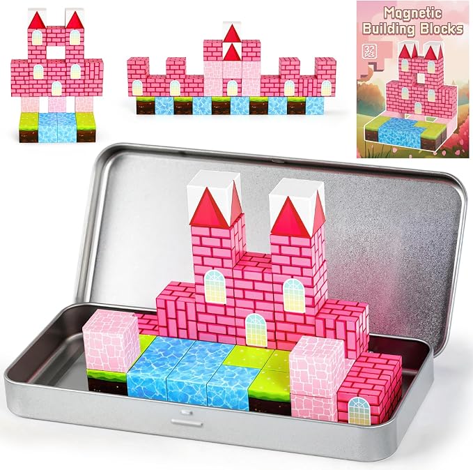 3 otters 32PCS Magnetic Blocks, with a Storage Box, Princess Castle | Portable Travel Toy, STEM Magnet Cubes for Preschool Learning, Party Favors, Stocking Stuffers