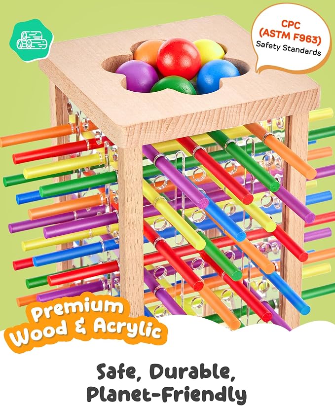 Montessori Wooden Board Game for Kids 3–8, Fine Motor Skills Toy 42 Sticks | Montessori Toys, Color matching, Fine Motor & Family Travel — CPC-Certified Beech Wood & Acrylic, Gift Boys Girls Ages 3–8