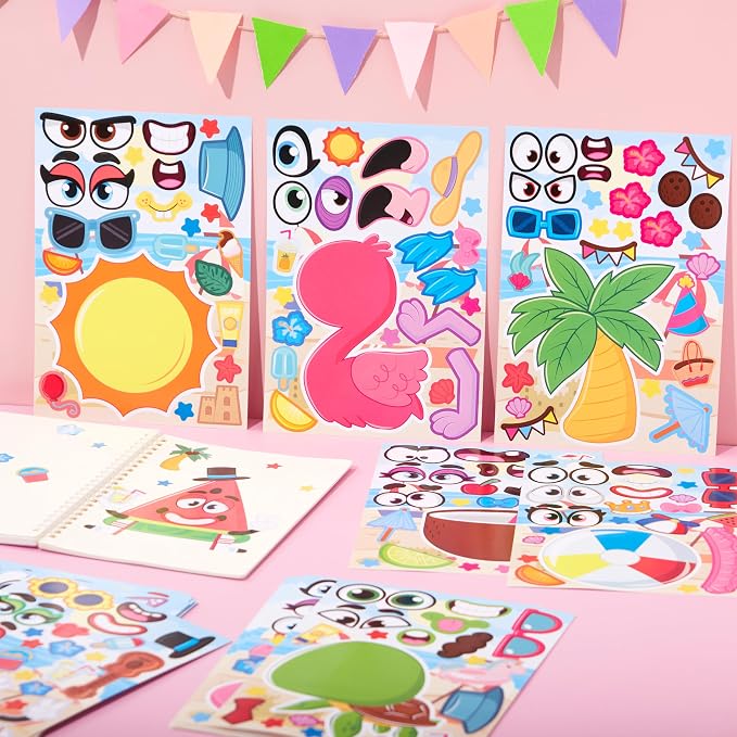 JOYIN 36 Pcs 9"x6" Summer Make a face Stickers for Kids, Make Your Own Hawaii Pool Beach Sticker Sheets, Luau Craft Party Decor, Summer Holiday Party Favors Kids Crafts, Goodie Bags Stuffers