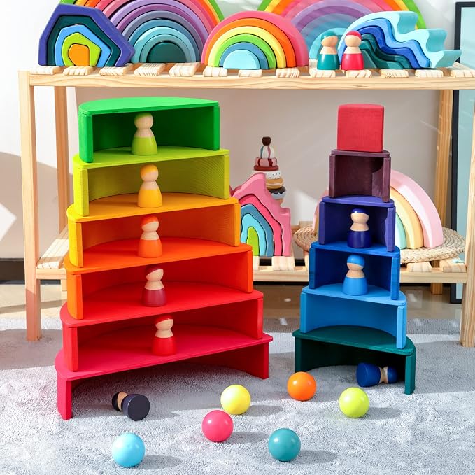 Wooden Rainbow Stacking Toy - 12 Pieces Extra Large Montessori Wooden Stacking Arch Educational Toys, Nesting Puzzle Building Blocks for Kids Toddlers (Rainbow Stackers)