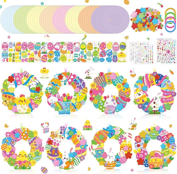 Hollowfly 48 Sets Easter Wreath Craft Kits, 8 Paper Designs with Stickers | Chick, Egg and Floral Themes, 5.9 in Hanging Ornaments, Sticker Crafts for Home Activities and Easter Parties