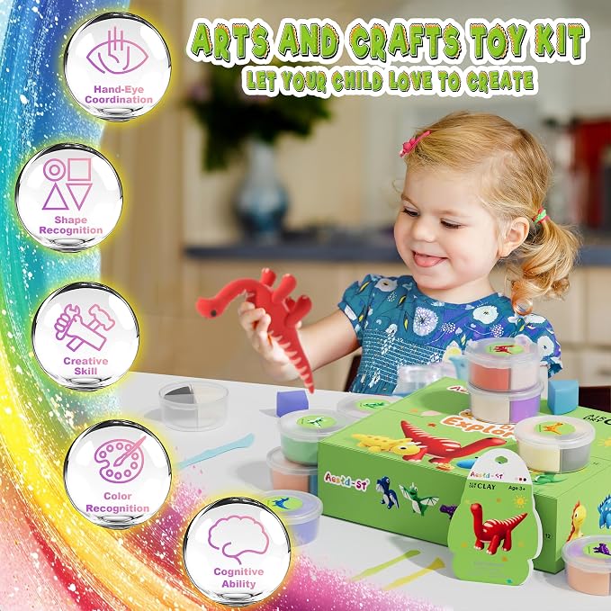 Aestd-ST Air Dry Clay Kit - Dinosaur Theme, Modeling Clay for Kids | DIY Magic Clay with Sculpting Tools and Tutorials, 12 Boxes Molding Clays, Soft & Non-Sticky, Arts and Crafts Gift for Kids