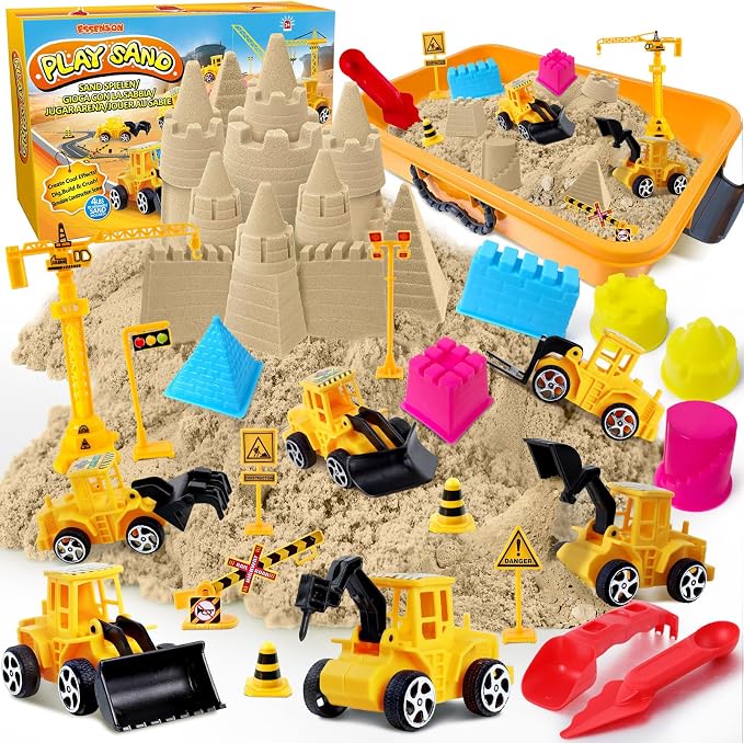 ESSENSON Construction Sensory Bin for Kids - 4LBS Magical Sand | Play Sand Kit with Toy Truck, Pretend Play Beach Sensory Toy, Sandbox, Gifts for Girls and Boys