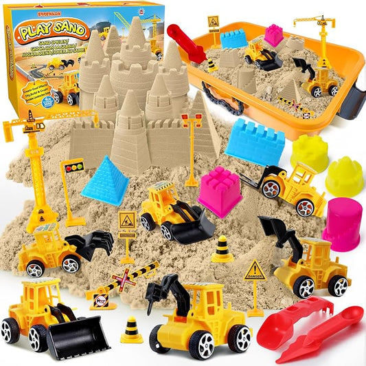 ESSENSON Construction Sensory Bin for Kids - 4LBS Magical Sand | Play Sand Kit with Toy Truck, Pretend Play Beach Sensory Toy, Sandbox, Gifts for Girls and Boys