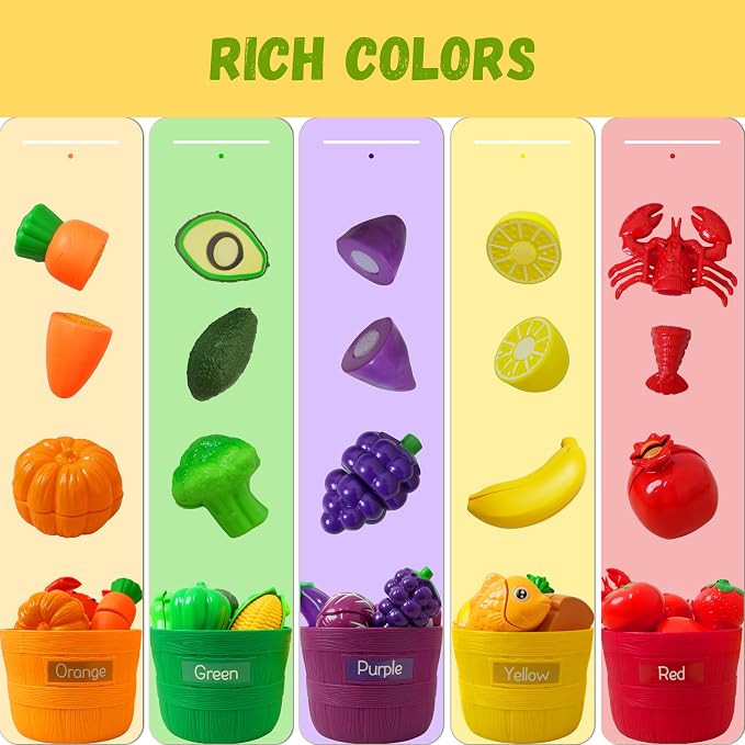 Play Food Sets for Kids Kitchen - Learning Toy Color Sorting | Cutting Toy Food - Safe ABS Materials, Play Food for Toddlers 1-3, Great Gifts for 3-8 Years Old Boys & Girls
