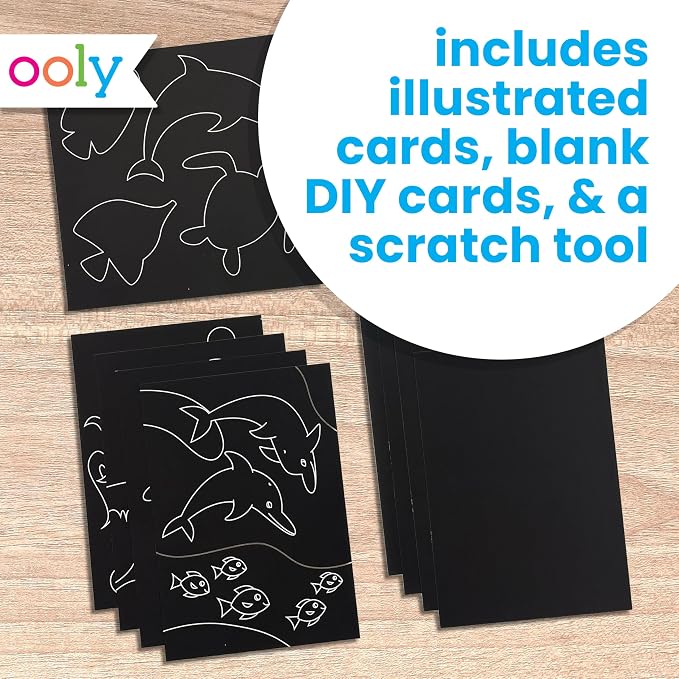 Ooly Scratch & Scribble Art Kit, 8 Cards, Sticker Sheet – Ocean Life | Ages 6+, Wooden Stylus and Stickers Included, Screen-Free Portable Car and Airplane Travel Activity, Gift for Kids