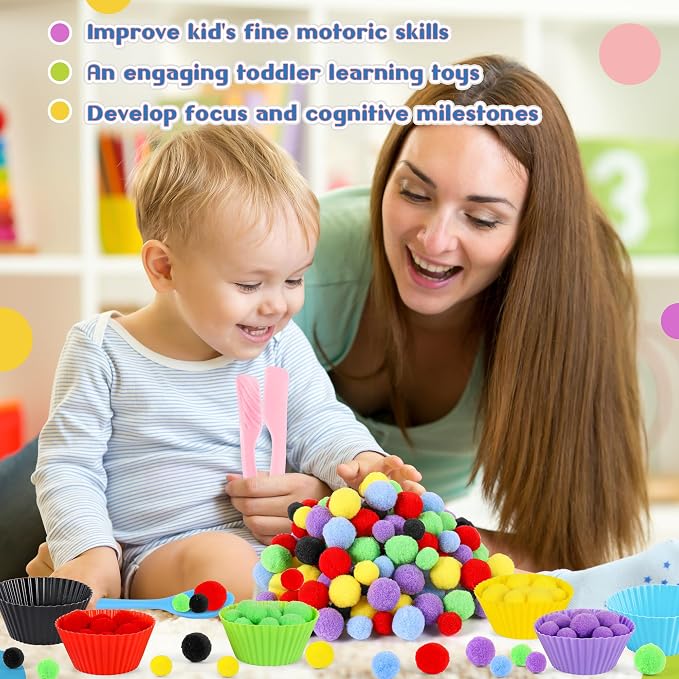 158 PCS Fine Motor Skills Set | 150 Pom Poms, 6 Sorting Bowls, Tweezers, Spoon, Sensory Bin Filler for Preschool Kids Counting, Sorting, Matching Training Ac