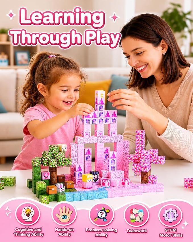 100PCS Princess Castle Magnetic Blocks for Girls, STEM Sensory Building Toys, 3D Magnetic Construction Set for Kids Ages 3-8, Birthday