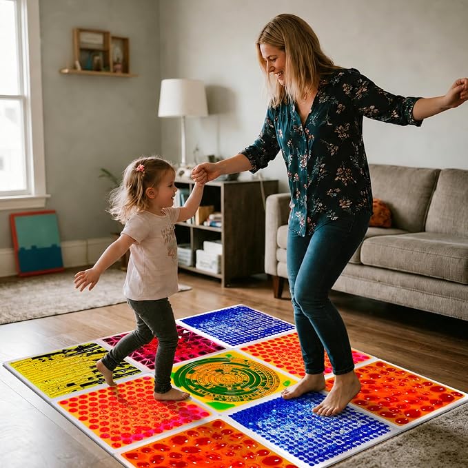Sensory Floor Tiles for Toddlers 3+: 12" Textured Mats, 4 Pack | Starter Set with Liquid Flow and Tactile Patterns for Movement Games, Visual Tracking, Playrooms, and Classrooms