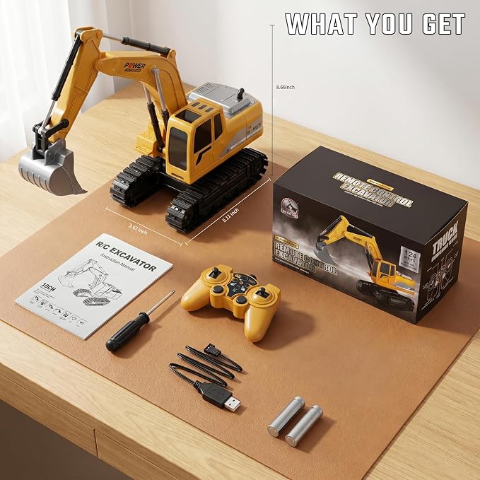 ID Gerilla Remote Control Excavator, RC Construction Toy | Metal Shovel Digger Excavator with 680° Rotation Digging Sand, Realistic Lights Sounds, Christmas Birthday Gift Toy for Boys