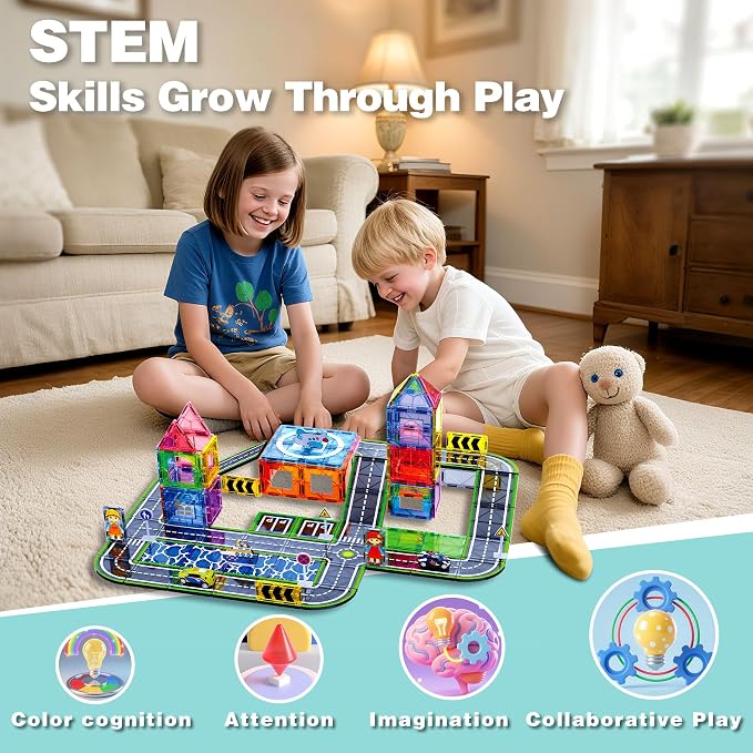 121PCS Magnetic Tiles Road Set with Pullback Cars. Magnet Tiles for Building Construction Toys with Ship, Airplane, Traffic Sign, STEM Magnetic Tiles for Kids Ages 4-8, Educational Gifts for Ages 3+