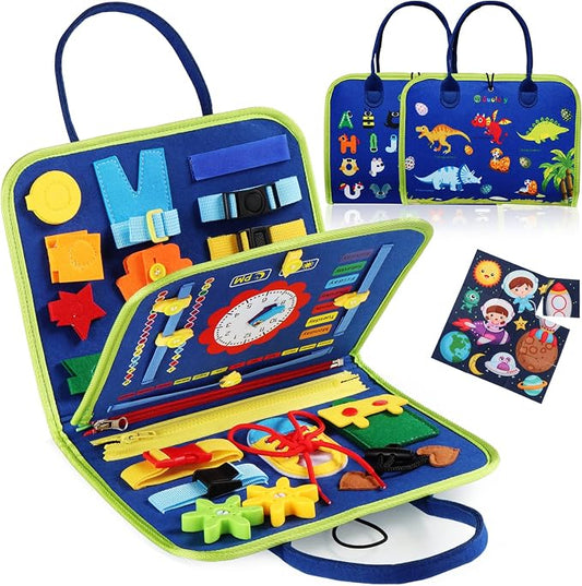 Busy Board Montessori Toy for 3-6 Year Old Toddlers - Educational Activity Developing Sensory Board for Fine Basic Dress Motor Skills - Travel Toys for Plane Car, Gift for Boys Girls